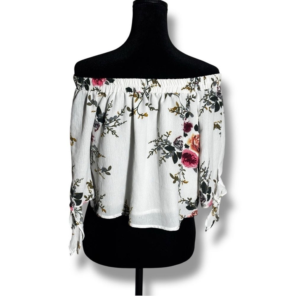 Unbranded Chic White Cotton Blend Floral Off-Shoulder 3/4 Tie Sleeves Blouse - Picture 6 of 16